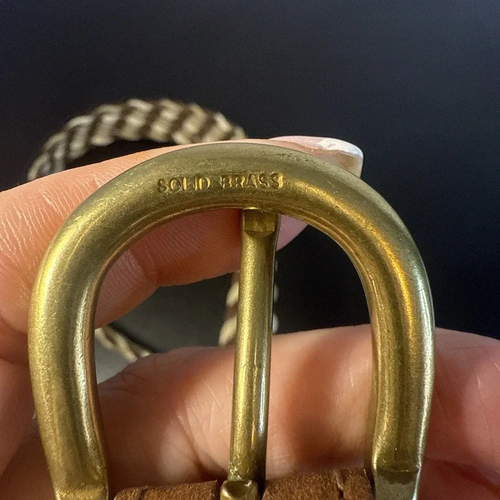 VTG  Lands  End Ivory Brown Woven Belt Leather  506 USA Brass Buckle Size 32‎